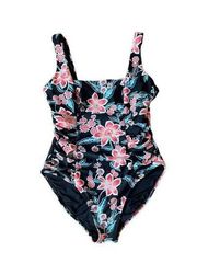 Old navy black floral ruched square neck one piece swimsuit medium