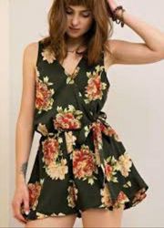 ENTRO Black Sleeveless Faux Wrap Yellow Red Floral Shorts Romper Small S