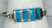 Vintage Mexico Silver Tone Faux Blue Turquoise Inlay Hinge Bangle Bracelet