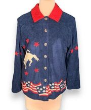 Vintage Roughrider Fleece Jacket Navy Blue Red Cowboy Rodeo Stars Button Front