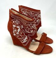 Anthropologie Plomo Paula Embroidered Wedge Sandals Rust Size 37 / US 6.5