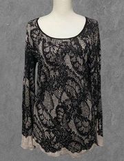 NIC+ZOE | Scoop Neck Lace Pattern Black & Beige Long Sleeve Knit Top Size L