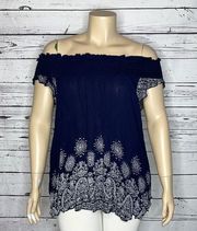 Ashley Stewart NWT Size 24 Navy & White Paisley Off the Shoulder Peasant Blouse