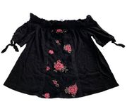 Alya Shirt Womens Small Black Floral Lace Off Tie Short Sleeve Francescas Poly