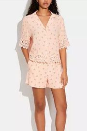 Coach Broderie Anglaise Lace Trim Peach Pink Camp Shirt Top Blouse Size 2 NWT