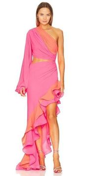 🆕 BRONX & BANCO Hanna Ruffled One Shoulder Maxi Dress in Pink/Coral Sz XS