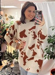 Cow Print Pullover Long Sleeve Knit Sweater Beige Size Large