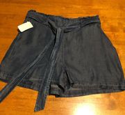 Lauren Conrad High Rise, Belted Paper Bag Shorts, dark wash