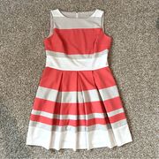 Sleeveless Stripe Dress Coral Beige White A-Line Pleated 10P