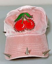 Pink Pastel Velvet Cherry Patch Red Gem Gemstone Studded Spiked Baseball Cap Trucker Hat 🍒✨