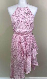 Express Women's Pink Dot High Neck Halter Ruffle Asymmetrical Dress Size Small