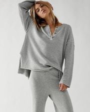 Free People FP Beach L Waffle Knit Henley Sweater Hailee Button Gray Cozy