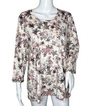 Logo Lori Goldstein Shirt Women Large White Purple Floral Lettuce Trim Tunic Top