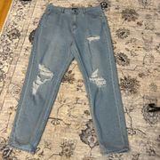 Womens light wash distressed straight hi waisted jeans by Missguided size 14