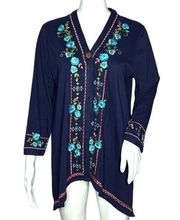 Coldwater Creek Sweater Women Small Navy Blue Embroider Floral Cardigan Bohemian