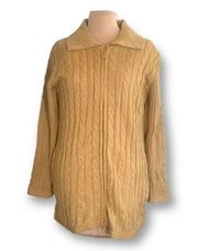 Denim & Co Cardigan Sweater Tan Cable Knit Zipper Front Cowl Neck Fleece Lined