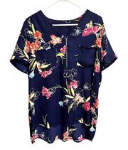 Apt 9. Navy Blue Pink Floral Front Zipper Pocket Short Sleeve Blouse Size XL