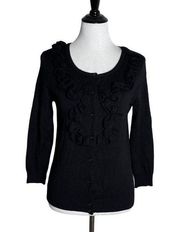 Linda Matthews Black Ruffle Cardigan Sweater 3/4 Sleeve Buttons Women Size M P