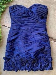 David's Bridal  Strapless Pleated Flower Bridesmaids Mini Dress Navy Blue Size 10