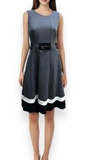 Sleeveless Fit & Flare Belted Gray Black Midi 12 Dress New NWT