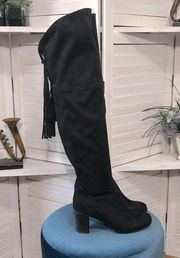 Attention over the knee boho black suede leather tassel block heel boots sz 8