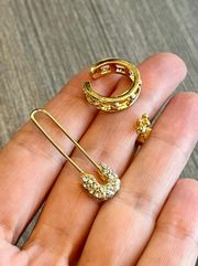 3 Piece Pave Safety Pin, Ear Cuff & Lotus Flower Stud Earring Set