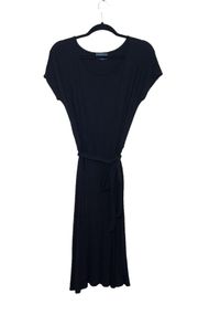 Black Wrap Front Belted Short Sleeve Knee-length Shift Dress
