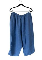 FLAX 100% Linen Blue Crop Wide Leg Pull On Pants Lagenlook Women's Size Large