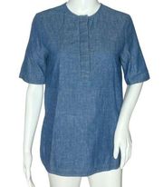 Adam Lippes Denim Shirt Women Size XS Blue Medium Wash Short Sleeve Half Button