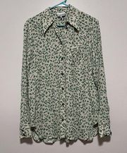 Ganni Leaf Print Button Up Crepe Blouse in Tapioca Green Size 38