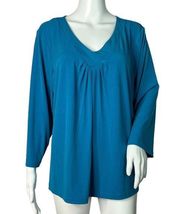 Susan Graver Tunic Top Blue 3/4 Sleeve V-Neck Pleated Liquid Knit Stretch