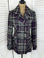 Moda International Vintage Tartan Plaid Wool Peacoat Gray Purple Small