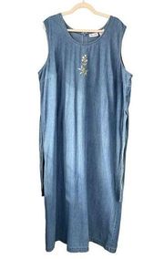 D1 Vintage Blair Floral Embroidered Sleeveless Denim Jean Dress Size 2XL