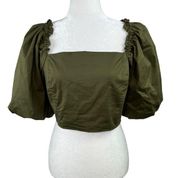 Jason Wu Olive Green Cropped Puffed Sleeve Smocked Top Size XL