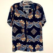 Denim & Flower blue orange paisley print short sleeve collared button front med