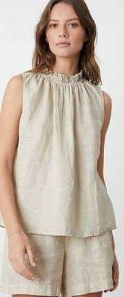 Velvet by Graham and Spencer Nova Linen Tank Ruffled Neck in Tan Women's XS