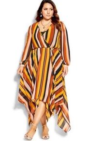 City Chic Dress Gold Stripe Multicolored Maxi Sz 22W NWT V Neck Asymmetrical Hem