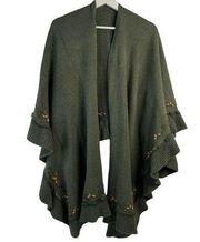 Soft Surroundings One Size Wrap Poncho Sweater Embroidered Ruffles Green Knit