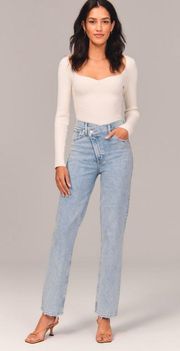 90s High Rise Jeans With Cross Cross Waist Band Medium Wash