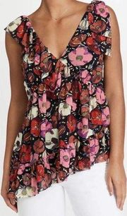 Cinq a Sept Naomi Maraschino Floral Print Asymmetric Ruffle V-Neck Top Size M