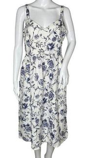 Cynthia Rowley Dress Womens 8 White Blue Floral Flower Midi fit & Flare Linen