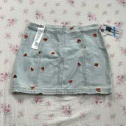 TINSELTOWN Embroidered watermelons denim mini skirt light wash blue