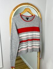 gray and red striped cropped pullover sweater