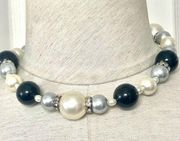 Faux pearl rhinestone and black bead necklace