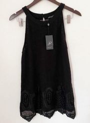 Adrianna Papell Black Gauzy Crochet Halter Sleeveless Lace Tank Top Size S New