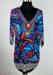 One World Womens XS Tunic Top Dress Tribal Geometric Embroidered Detail