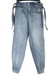 Something Navy SZ 00 Sydney Crop Jeans Side Ties High-Rise Light Wash Zip-Fly