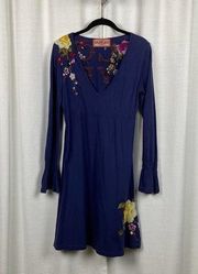 Johnny Was Blue LOVE Embroidered Long Sleeve Knit Dress Sz.S