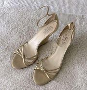 gold strappy wedge heels with ankle strap. P581 Jadyn size 10