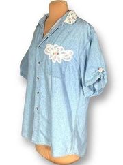 Vintage Ruffles Shirt Chambray Rosette Embellished Flower Detail Scalloped Lace